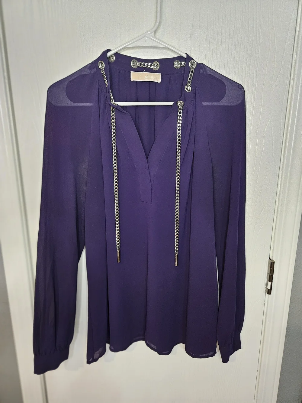 Michael Kors Purple V-Neck Long Sleeve Blouse with Chain Drawstring